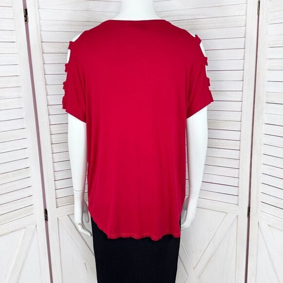 Bobeau Ladder Cutouts Short Sleeve T Shirt Red Small Cold Shoulder - Picture 4 of 12